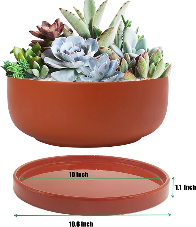 Yukfona Ceramic Plant Saucer Tray 10 Inch Red Terracotta, 10.83" OD x10.24 ID x1.1 Deep Fits Flower pots Bottom≤ 10.24",Heavy Duty Glazed Round Planter Drip with Catch Basin for Indoor Outdoor Plants