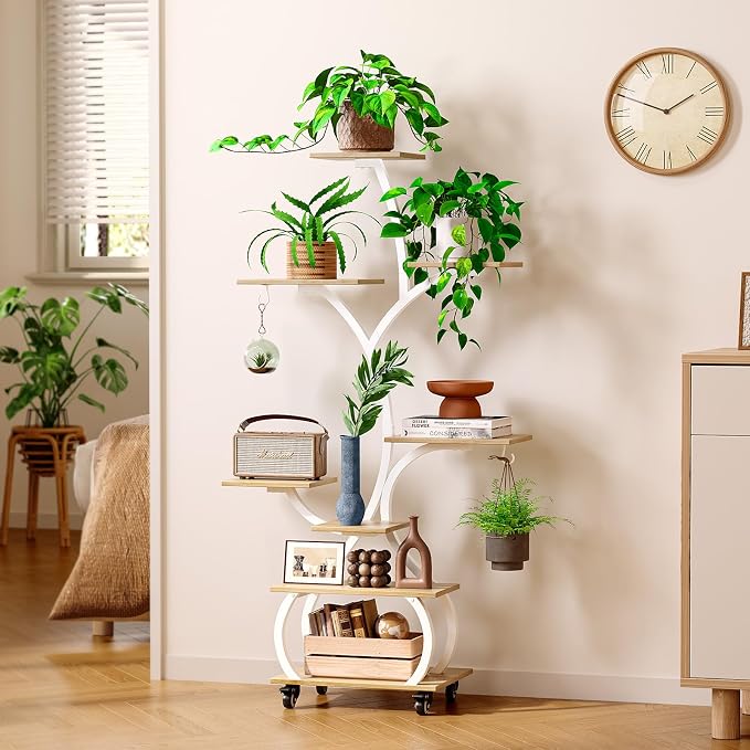 VINGLI Plant Stand Indoor with Grow Lights, 48" Small Space Plant Stand, 8-Tier Mobile Plant Shelf, Lighted Display Rack for Apartment, Living Room & Balcony, White and Oak