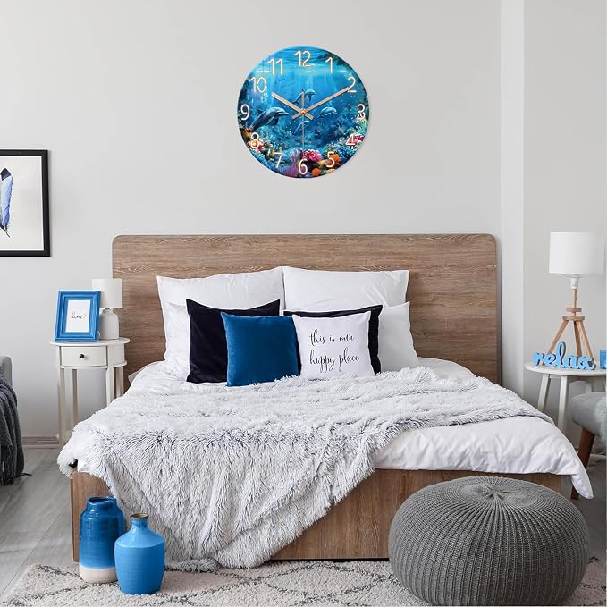 XFM Blue Ocean Wall Clock 16 Inch Round Silent Wall Clocks Battery Operated Nautical Themed Dolphin Tropical Decorative Clock for Living Room Bathroom Decor