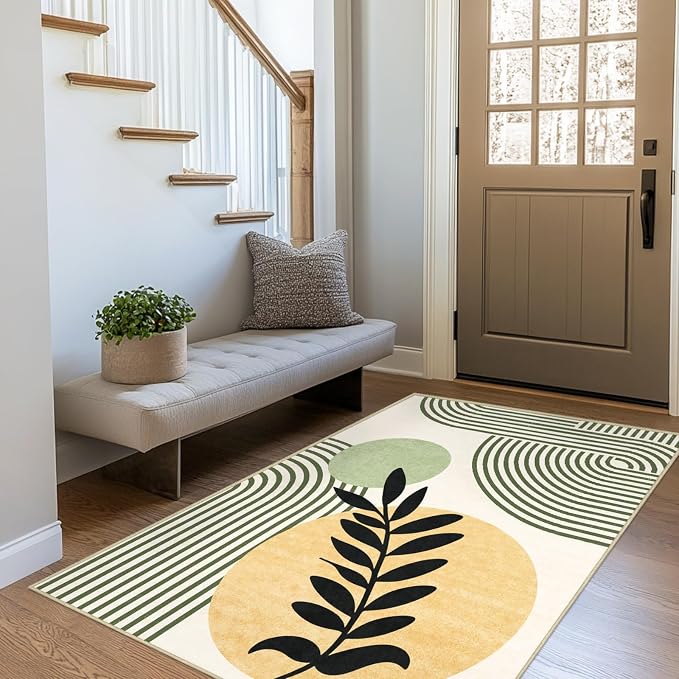 Mid Century Modern Rug 4x6 Green Boho Area Rug for Living Room | Washable Tropical Leave Rugs Geometric Abstract Low Pile Non-Slip Floor Carpet for Dining Room Bedroom Kitchen Office