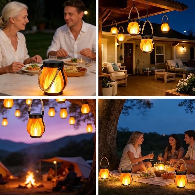 Upgraded 2 Pack Solar Lanterns, Solar Lights Outdoor, Solar Flame Lanterns, 2 Lighting Modes & Dual Charging Way USB & Solar Powered, Solar Lanterns Outdoor Waterproof for Patio Yard Porch Lawn Decor