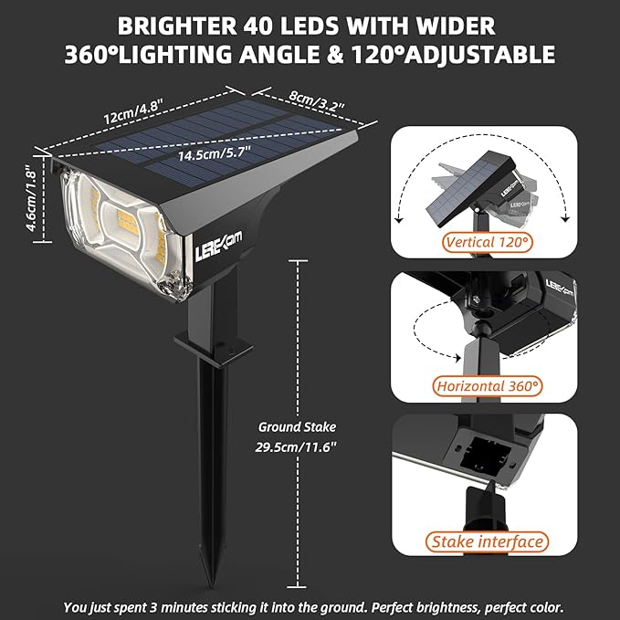 LEREKAM Solar Spot Lights Outdoor Landscape Lights, IP65 Outdoor Waterproof Spotlights, 40 LED's Outdoor Solar Lights for Yard Palm Trees Driveway Patio Pool 10 Pack