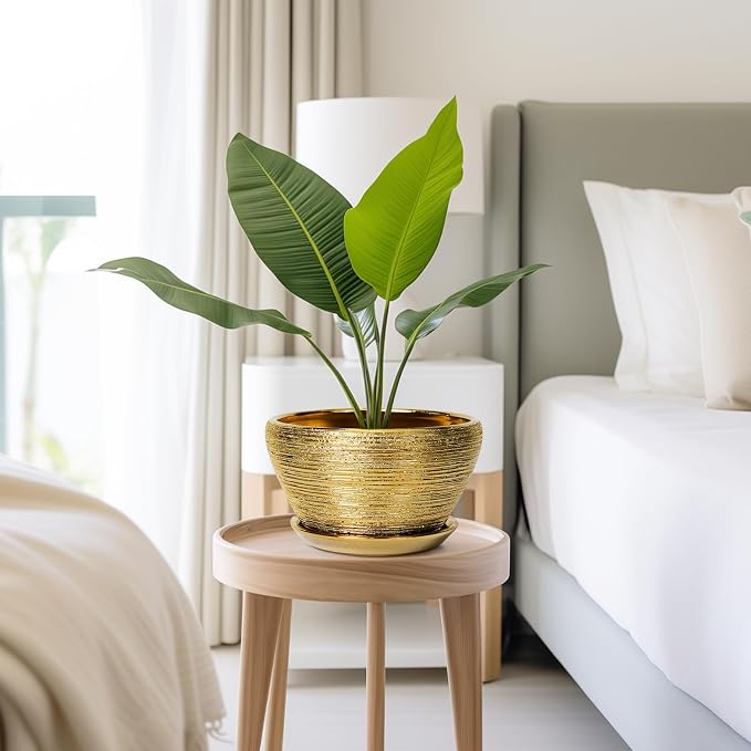 Ceramicfor Ceramic Plant Pot Indoor - 9 Inch Planters for Outdoor Plants Decorative Plant Pot with Drainage Hole and Saucer Round Planter Modern Flower Pot Decorative for House Decor Gold