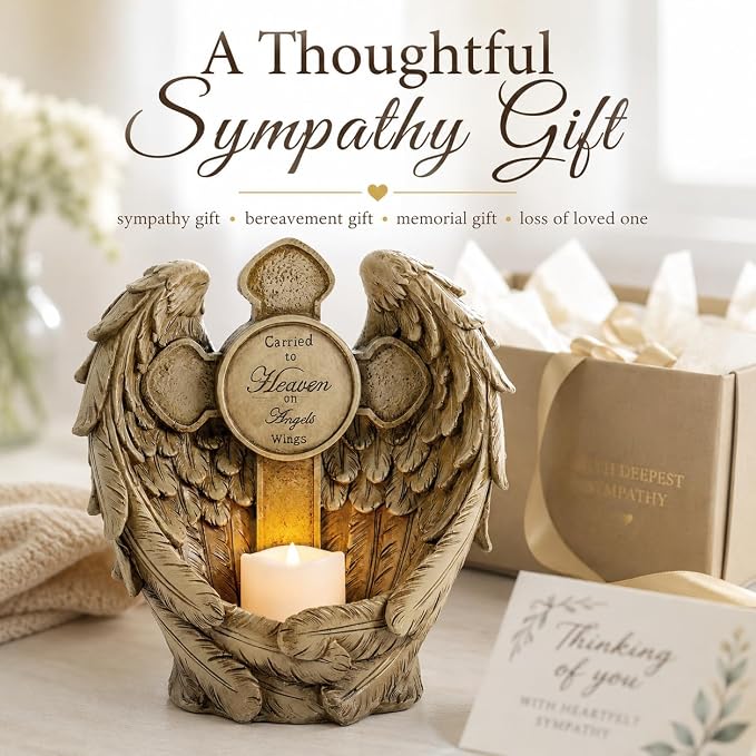 Solar Angel Wings Memorial Statue with LED Candle & Cross, Weather-Resistant Resin Grave Decorations for Cemetery, Sympathy Bereavement Gifts for Loss of Loved One