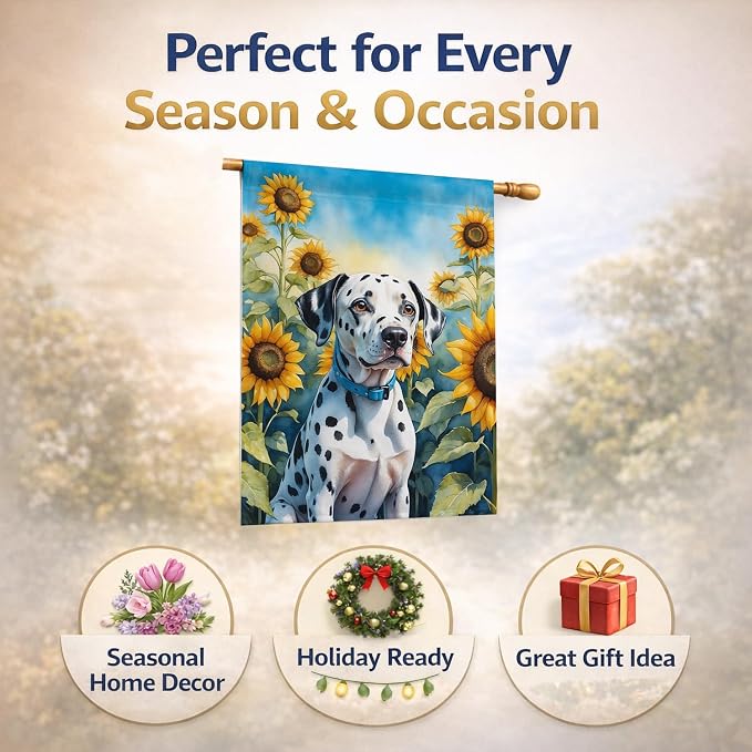 Caroline's Treasures DAC6067CHF Dalmatian in Sunflowers House Flag Large Porch Sleeve Pole Decorative Outside Yard Banner Artwork Wall Hanging, Polyester, House Size, Multicolor