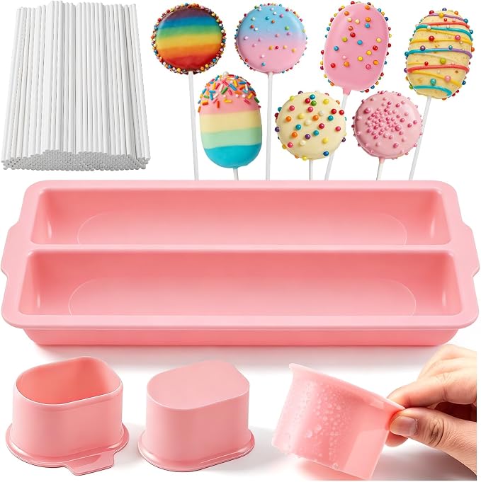 WDAHDHP Round Cake Pop Mold Set, Including 2Pcs Circle Cake Pop Cutter, 9 Inch Tray and 100Pcs Lollipop Sticks for Home Desserts Making Accessories, Pink