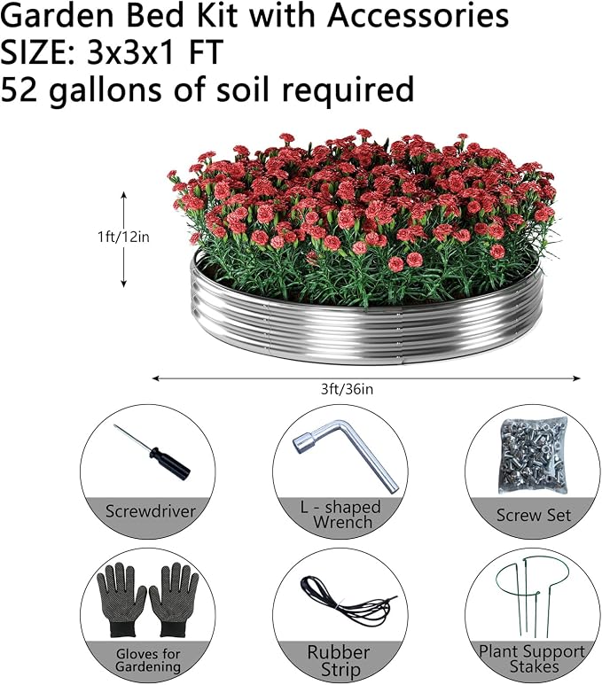 ZFHgarden Galvanized Metal Planter Raised Garden Bed Kit for Gardening Outdoor，Height 12 Inch, 3x3x1ft Round Galvanized Steel Fire Pit，Steel Fire Pit Silver for Backyard, Camping, Bonfire
