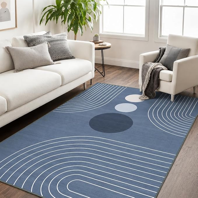 Boho Rug 4x6 Modern Geometric Minimalist Abstract Area Rug for Living Room Dusty Blue Mid Century Modern Contemporary Machine Washable Non-Slip Printed Low-Pile Carpet Dining Room Bedroom Office