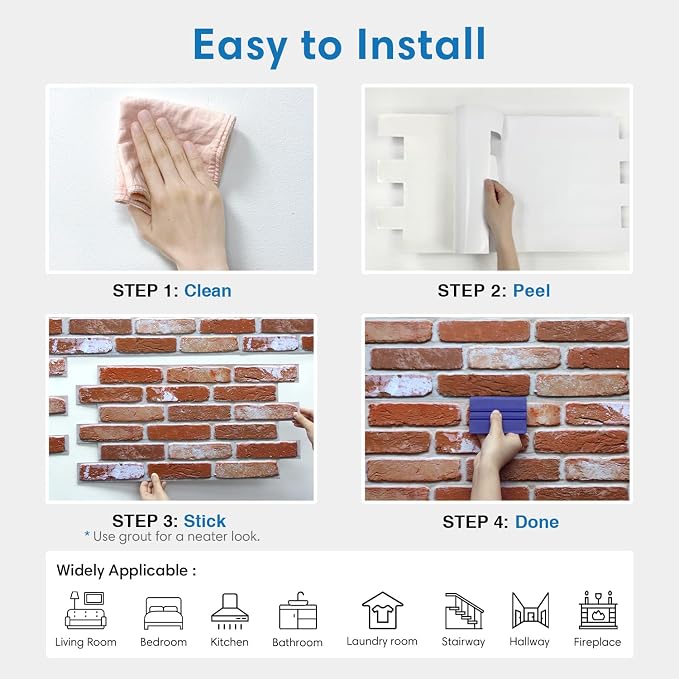 COMSTICKC 3D Red Faux Brick Wall Panel Peel and Stick Wall Covering, 12 Pcs of 22.8" x 11.8", 3D Brick Wall Stickers, UrltraLight PVC Self Adhesive Brick Decorative Tile Interior, Covers 22.48 sq.ft