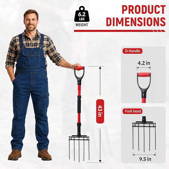Garden Fork, 43 Inch Pitch Fork with Fiberglass Handle & Foot Bracket, Heavy Duty 5-Tine Pitchfork for Gardening, Breaking up Dirt, Loosening Soil, Digging Potatoes, Turning Compost, Mulching, Weeding
