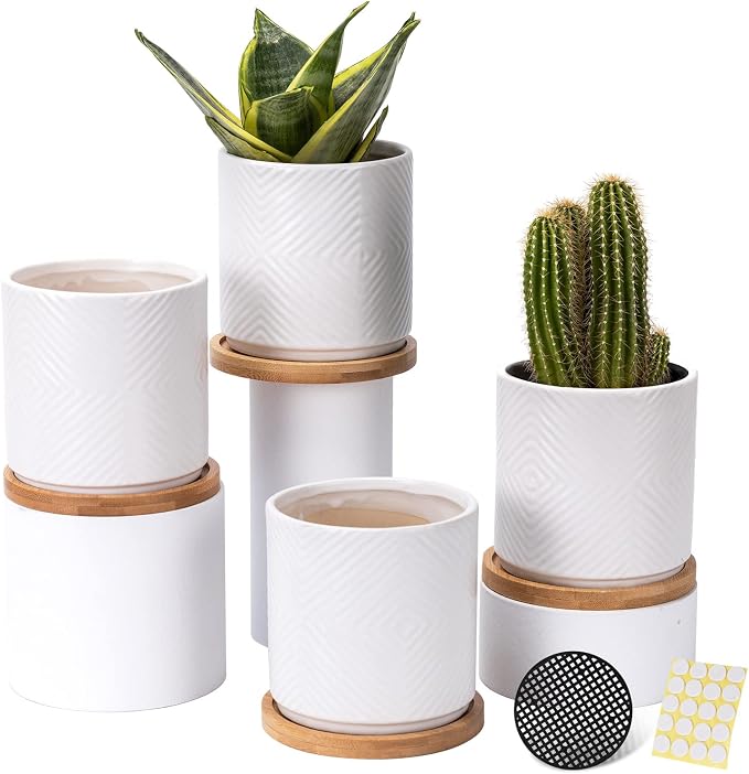 4” Ceramic Planter Pots with Drainage Hole&Saucer Set of 4 | Geometry Design Succulent Plant Flower Pot for Indoor & Outdoor Snake Plant Succulent Cactus & Herbs (Plants Not Included )