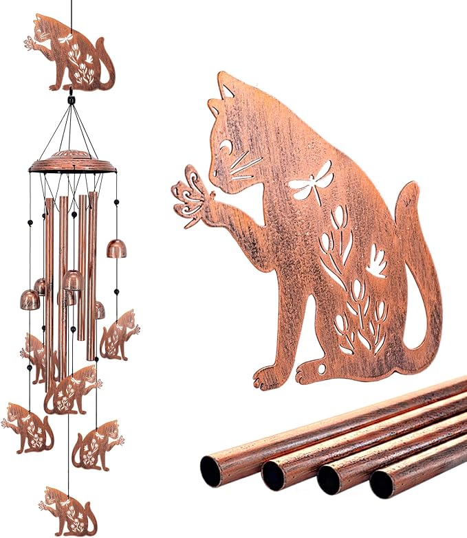 Cat Wind Chimes Outdoor Cat Gifts for Women Men Mom Dad Birthday Unique Gardening Gifts Metal WindChimes for Outside/Indoors, Lawn, Patio, Home, Yard Decor, Garden Decorations