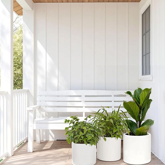 Fox & Fern Large Indoor Planter, Modern Large Plant Pot for Indoor or Outdoor, UV and Frost Resistant - Set of 3: 8, 10, 11.8 Inch, Fiberstone, White Flower Pot with Drainage Plug, Lightweight