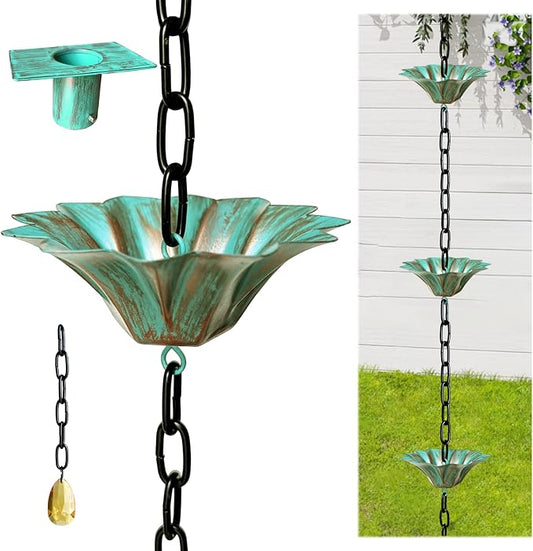 Rifachua 12 Cups Lotus Rain Chain for Gutters Downspouts Outside 8.5ft, Green Plated Bronze Lotus Rain Chain Cups, Functional and Decorative Replacement for Gutter Downspouts