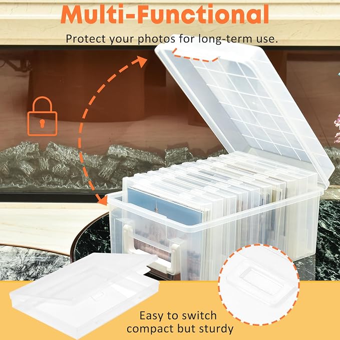 NINU Photo Storage Box 5 x 7 In Photo Case, 10 Inner Large Photo Keeper, Clear Photo Storage Container, Seed Craft Cards Pictures Organizer, Plastic Office Organizer with 1 Label Sticker