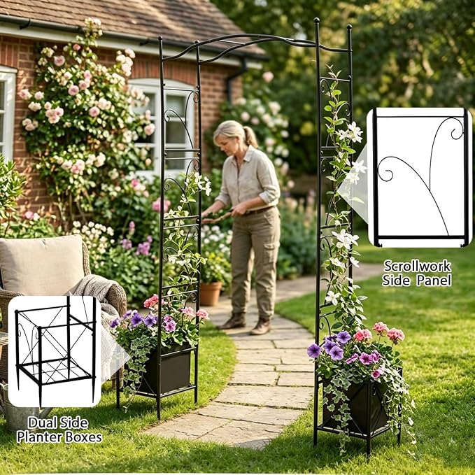 Metal Garden Arbors 93" Thickened Arch Trellis for Climbing Plants | Outdoor Arbor with Planter Box Rustproof Trellises Grapes Rose Wedding Arched Entrance Backdrop Stand Party Event Decoration