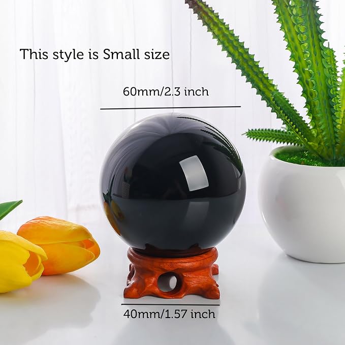 Modaier Black Small Obsidian Crystal Ball 60mm/2.3 inch with Rose Wooden Stand and Gift Box for Home Decor,Meditation,Fortune Teller,Halloween,Scrying,Magic,Crystal Orb Prop Decorative Glass Sphere