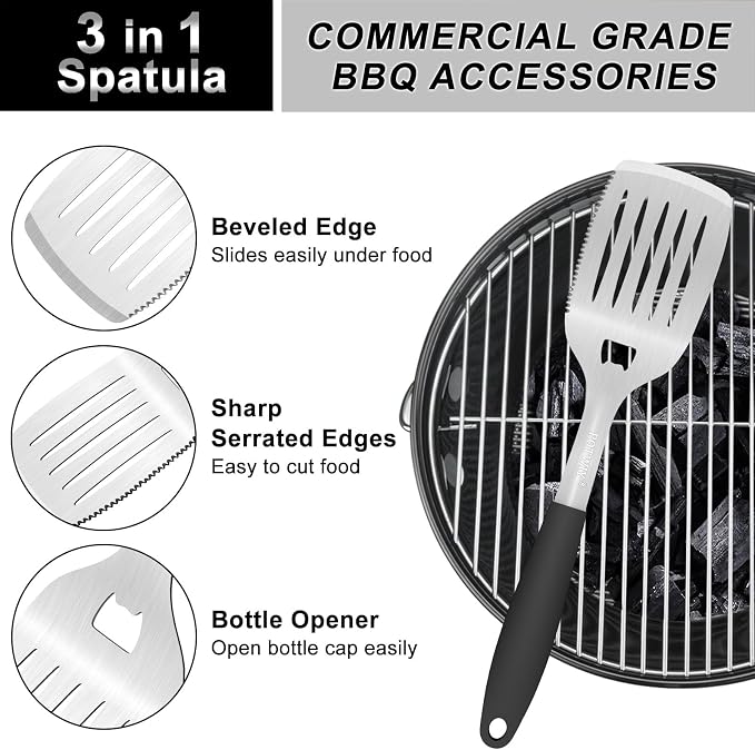 15.8" Heavy Duty Grill Set - Stainless Steel BBQ Tools with Spatula, Tongs & Fork, Professional Grilling Gifts for Men, Outdoor Barbecue Tool Set