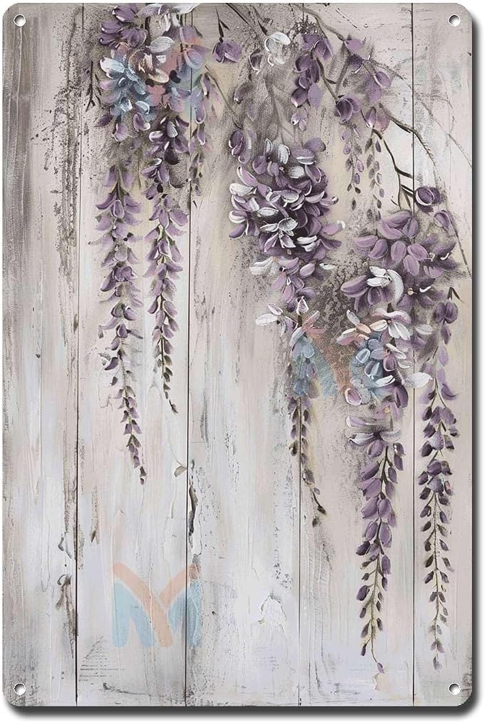 Metal Sign Tin Sign Vintage Wall Art Vintage Wisteria Tin Sign for Cascading Blooms Display Shabby Chic Style and Corrosion Resistant Greenhouse Decor for Pub 8×12 Inches