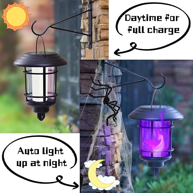 Dynaming Solar Purple Flame Wall Lanterns, Outdoor Halloween Hanging Lights, Flickering Flame LED Auto On/Off Wall Mounted Sconce Lights with Hooks, Waterproof for Garage Stair Patio Porch, 2 Pack