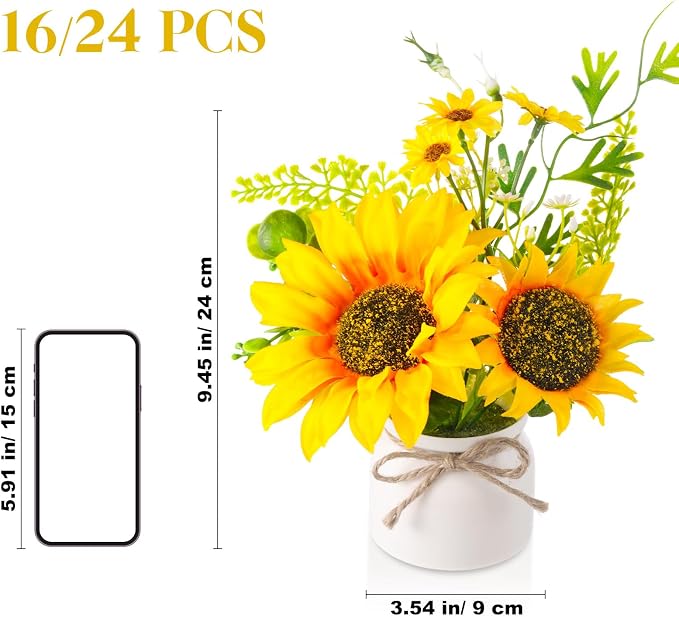 Zeyune 16 Pcs Sunflower Potted Plants Rustic Summer Spring Kitchen Wedding Table Centerpieces Silk Yellow Fake Flower with Plastic Pot for Home Bathroom Office (White,Sunflower)