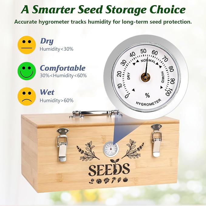 Seed Storage Organizer Box with Built-in Hygrometer, Natural Bamboo Seed Saving Box with Seal Design Lid, Safety Lock & Solid Handles, Extra Seed Envelopes and Labels – Great Gift for Gardeners (Wood)