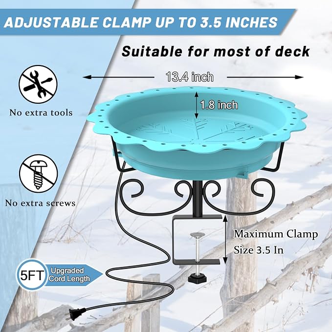 Heated Bird Baths for Outdoors, 100W Heated Bird Bath for Deck Railing, Heated Birdbath with Thermostat Control, Heated Bird Bath for Outside Winter Garden Patio Yard (Blue)