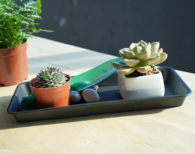 VUWEZ 6 Pack Plastic Plant Trays - Rectangular 14 inch, Indoor/Outdoor Plant Saucers with Drip Protection, Perfect for Windowsill or Planters (6.8 x 14.5'', Black)
