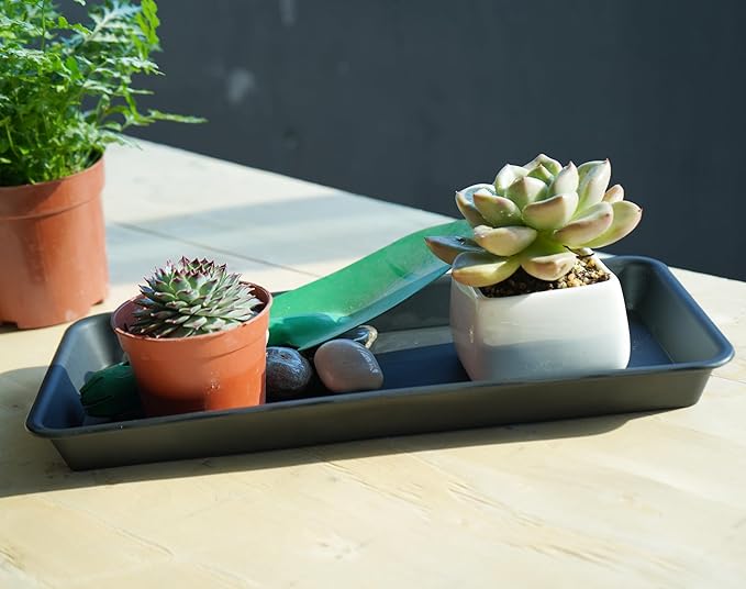 VUWEZ 4 Pack of Plastic Plant Tray Saucer Rectangular 16 inch, Plant Trays Saucers for Indoors Outdoor, Plant Water Drip Tray for Flower Pot Planter, Windowsill Plant Tray (7.0 X 16.1'', Black)