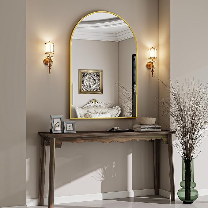 Arched Wall Mirror, 26 x 41 inch Arch Bathroom Mirror, Wall Mounted Vanity Mirror with Arch Metal Frame, Modern Bathroom Vanity Mirror for Bedroom, Living Room, Hanging or Leaning, Gold