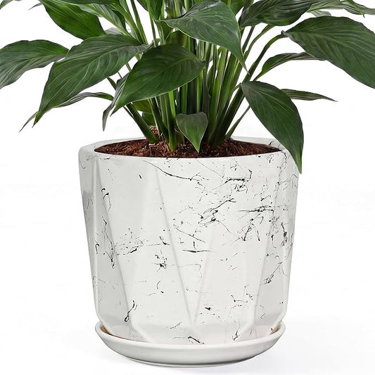 10 Inch Ceramic Plant Pot with Drainage Hole Mesh Net, Large Flower Pots for Indoor Plants with Saucer, Gardening Pots Outdoor (White Silk)