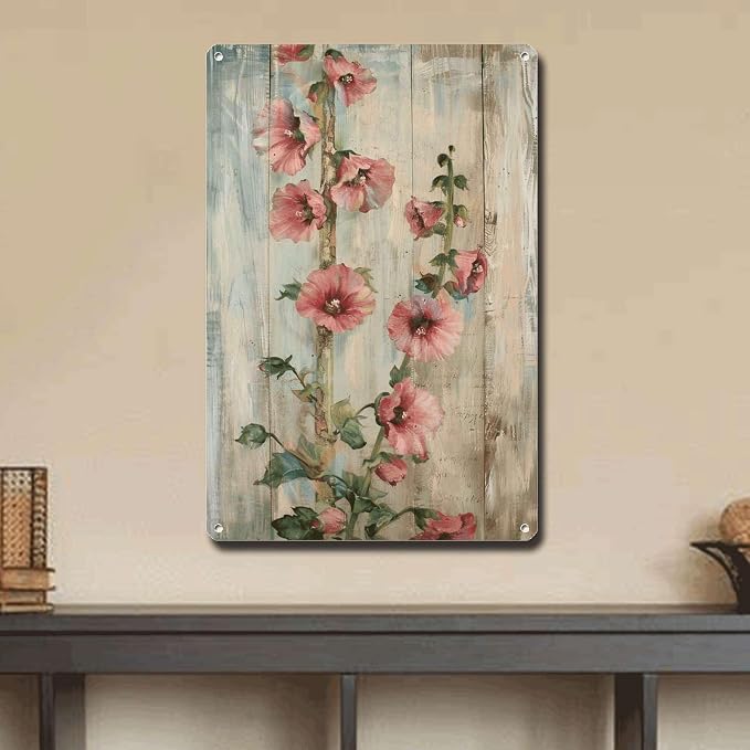 Metal Sign Tin Sign Vintage Wall Art Antique Grandeur Hollyhocks Tin Sign for Shabby Chic Interiors Tall Stem Displays and Corrosion R Metal Sign for Bar 12×16 Inches