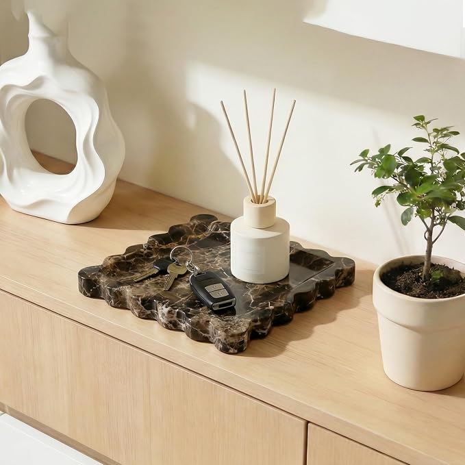 Scalloped Square Marble Decorative Tray, Natural Stone Vanity & Jewelry Tray, Trinket Organizer for Ring, Key, Dresser, Nightstand, Bathroom Counter & Kitchen Sink(Dark Brown Net)