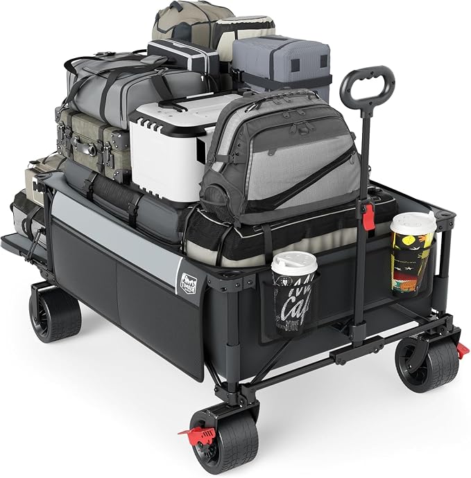 Timber Ridge 600L Beast Wagon 55.25" L Folding Cart with w/Big Wheels | Cargo Net & Tailgate, 26" W Extra Wide, 500lbs Heavy Duty All Terrain Collapsible Carts for Camping,Sports, Dogs, Grey