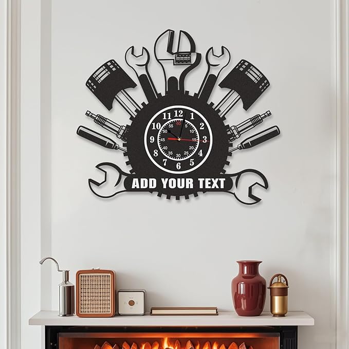 Personalized Outdoor Metal Wall Clock, Custom Name Black Wall Clock with Repair Mechanic Tools Design, Waterproof Silent Non Ticking Wall Clocks for Garage Workshop Office Man Cave, Gifts for Men