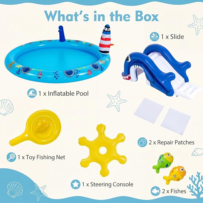 GLACER Kiddie Pool with Slide, 74”x 60.5”x 23” Thicken Water Play Center | Inflatable Swimming Pool with Sprinkler & Fishing Toys, Elevated Rails, PVC Outdoor Blow-Up Splash Pad for Backyard, Garden