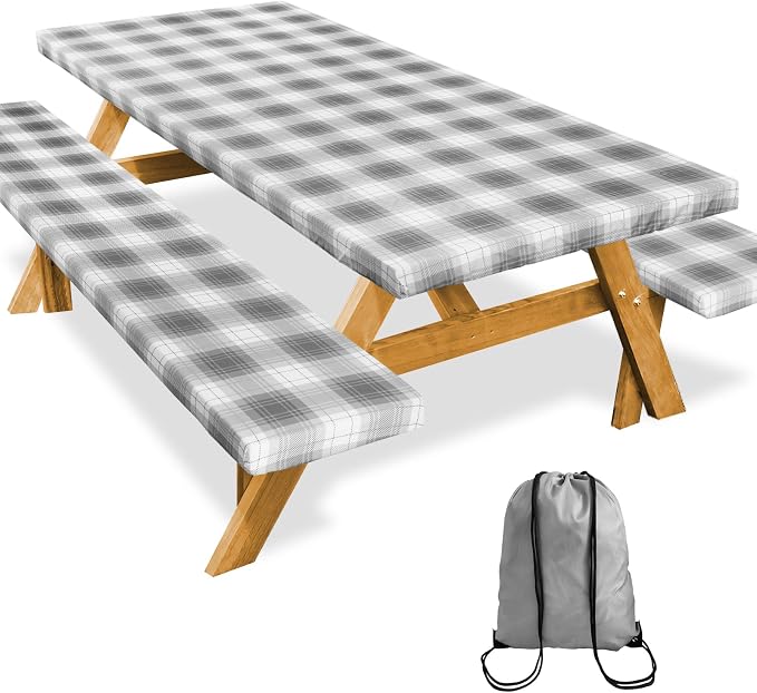 Picnic Table Cover with Bench Covers Camping Essentials Reusable Waterproof Windproof Camping Tablecloth Fitted Rectangle Tables and Seats, 72in, Gray Plaid
