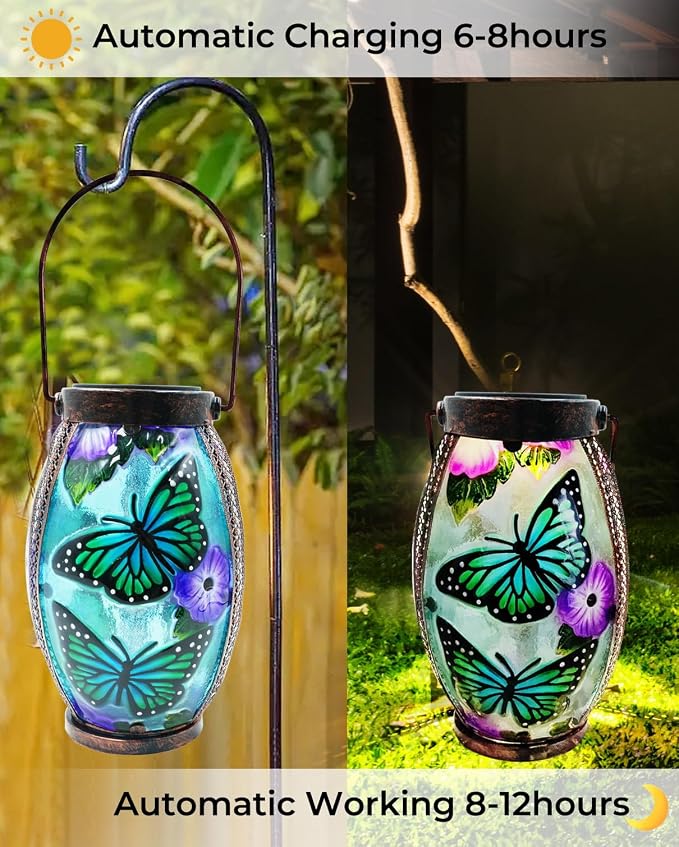 Butterfly Solar Lanterns Glass & Metal Hanging Solar Lantern Outdoor Waterproof 13.8" H Tabletop Light for Garden Patio Table Decor Mother's Day Gift