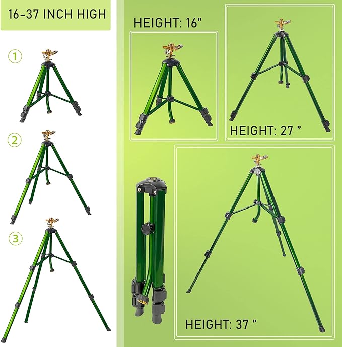 Hourleey Impact Sprinkler on Tripod Base, 2 Pack Heavy Duty Sprinklers for Lawn Yard Garden, 0-360 Degree Large Area Coverage, 3/4 Inch Connector Extension Legs Flip Locks with Brass Head