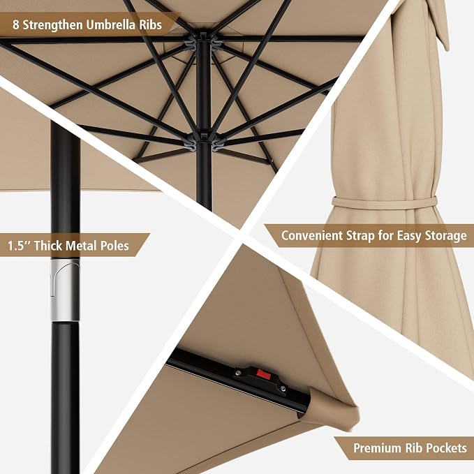 HAPPYGRILL 10 FT Solar Patio Umbrella with 112 LED Light, Outdoor Umbrella with Tilt Adjustment, Crank System, 8 Metal Ribs & Vented Top, Deck Table Market Umbrella for Garden Pool Deck Yard