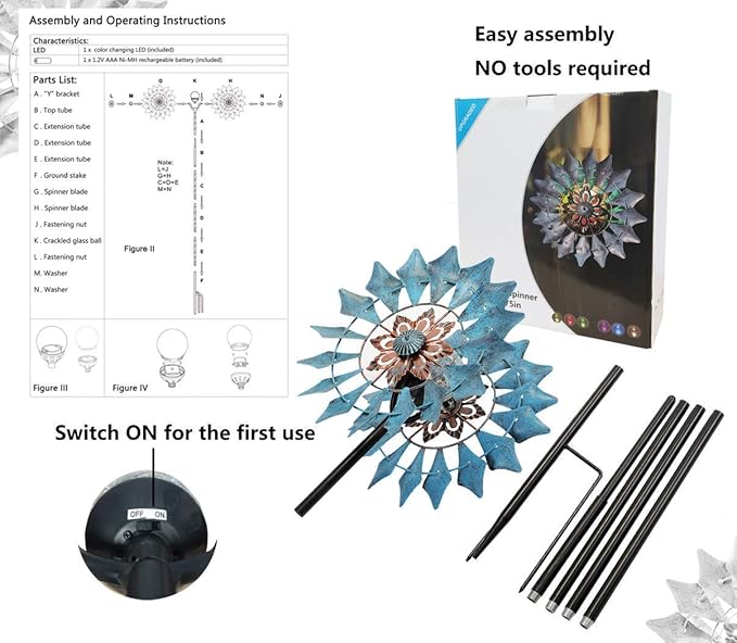 Solar Wind Spinner 75in Azure 360°Spin LED Crackle Glass Globe Garden Decor | 8H Working Color Changing Adjustable Height Upgraded 1.6cm Sturdy Metal Tool-Free Weatherproof Gift-Ready Color Box Packaging