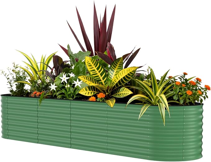 Garvee 8x2x1.5ft Galvanized Raised Garden Bed, Oval Metal Planter Box with Anti-Cut Safety Edges, 179 Gallons Rust-Resistant Deep Root Planter for Outdoor Vegetables, Flowers, Herbs, Green