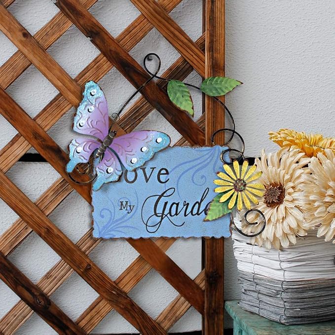 Linfevisi Metal Garden Welcome Sign Decor Rustic Hanging Plaque Decorative Garden Hanging Sign Love My Garden Door Sign with Butterfly Daisy Outdoor Front Porch Yard 10 Inch (Blue)