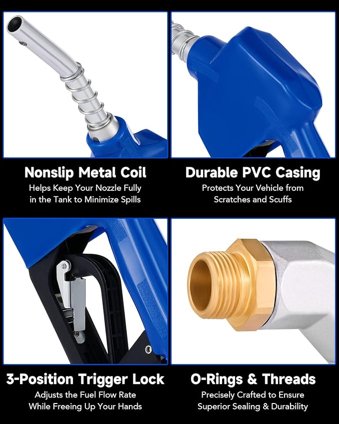 ORION MOTOR TECH Automatic Fuel Nozzle Kit, 3/4" NPT Auto Shut Off Fuel Nozzle with 360° Hose Swivel, Gas Fuel Transfer Refilling Nozzle with 13/16" Spout 16 gpm Flow Rate for Gasoline Diesel Kerosene