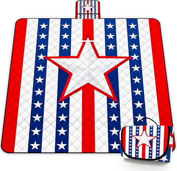Poedist Extra Large Picnic Blanket Waterproof,80"x 80"Foldable Machine Washable Beach Blanket,Outdoor Blanket for 6-8 Adults, for Indoor Crawling,Park Beach,Camping,Hiking,Family Travel(Patriotism)
