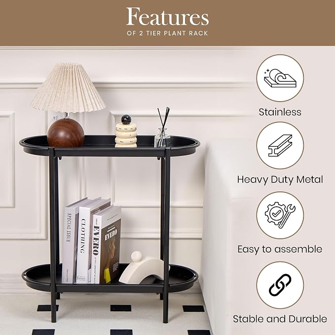 Large Metal 2-Tier Multi-Purpose Stand – Sleek Black Indoor/Outdoor Oval Shelving Unit; Modern Storage Rack for Home Decor, Books, Bathroom Essentials, or Plants