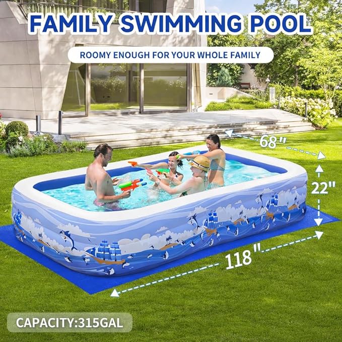 Inflatable Swimming Pool for Kids and Adults- 118" x 68" x 22" Family Full-Sized Blow Up Pools for Kids-Thickened Durable Above Ground Swimming Pool Backyard Lawn, Summer Party Outdoor and Indoor