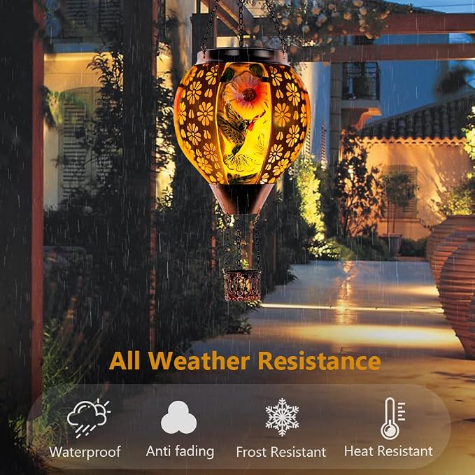 DREAMSOUL Hummingbird Hot Air Balloon Solar Lantern, Metal & Glass Flickering Flame Light Solar Lantern, Hanging Waterproof Solar Lanterns Outdoor for Garden Patio Tree Decoration