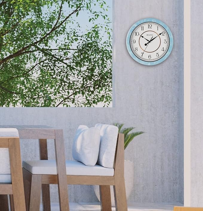 Bulova Skylark Wall Clock C4884 | 10.25" Sky-Blue Resin Case with Cloud Pattern | Silent Sweep Quartz Movement | Battery Operated | Outdoor Waterproof Wall Décor
