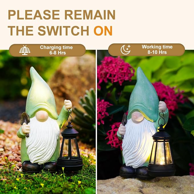 Gnome Statue with Solar Lantern - 4.92L x 9.92H | Garden Figurines for Home and Garden Decor, Gnome Decorations Gift Ideas, Gifts for Women Mom